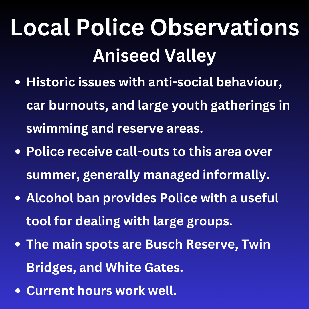 Historic issues with anti-social behaviour, car burnouts, and large youth gatherings in swimming and reserve areas. Police receive call-outs to this area over summer, generally managed informally. Alcohol ban provides Police with a useful tool for dealing with large groups. The main spots are Busch Reserve, Twin Bridges, and White Gates. Current hours work well.